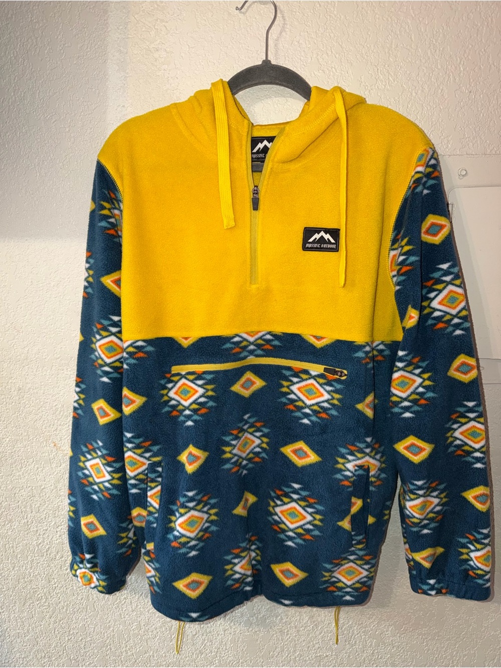 Men's Hooded Quarter-Zip Pullover - Yellow & Teal Pattern
